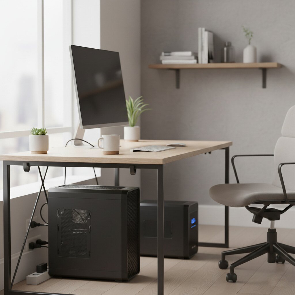 Home office setup with UPS battery backup.