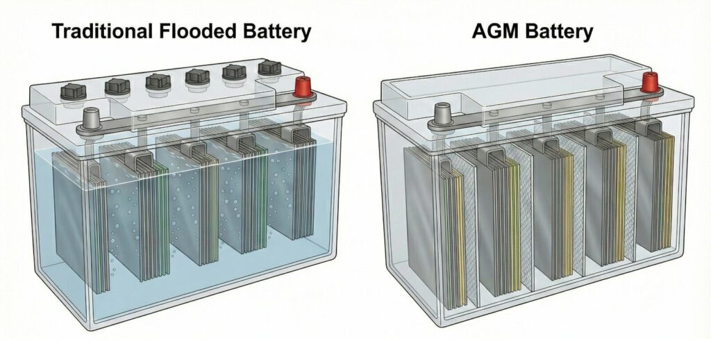 Inside of a flooded and AGM battery