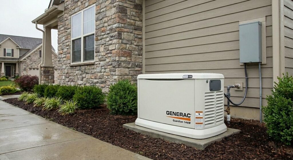 A standby generator installed outside of a home.