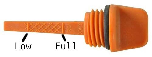 Generator oil dipstick showing the low and full notches