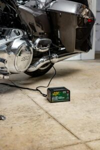 Battery Tender hooked up to a motorcycle's battery.